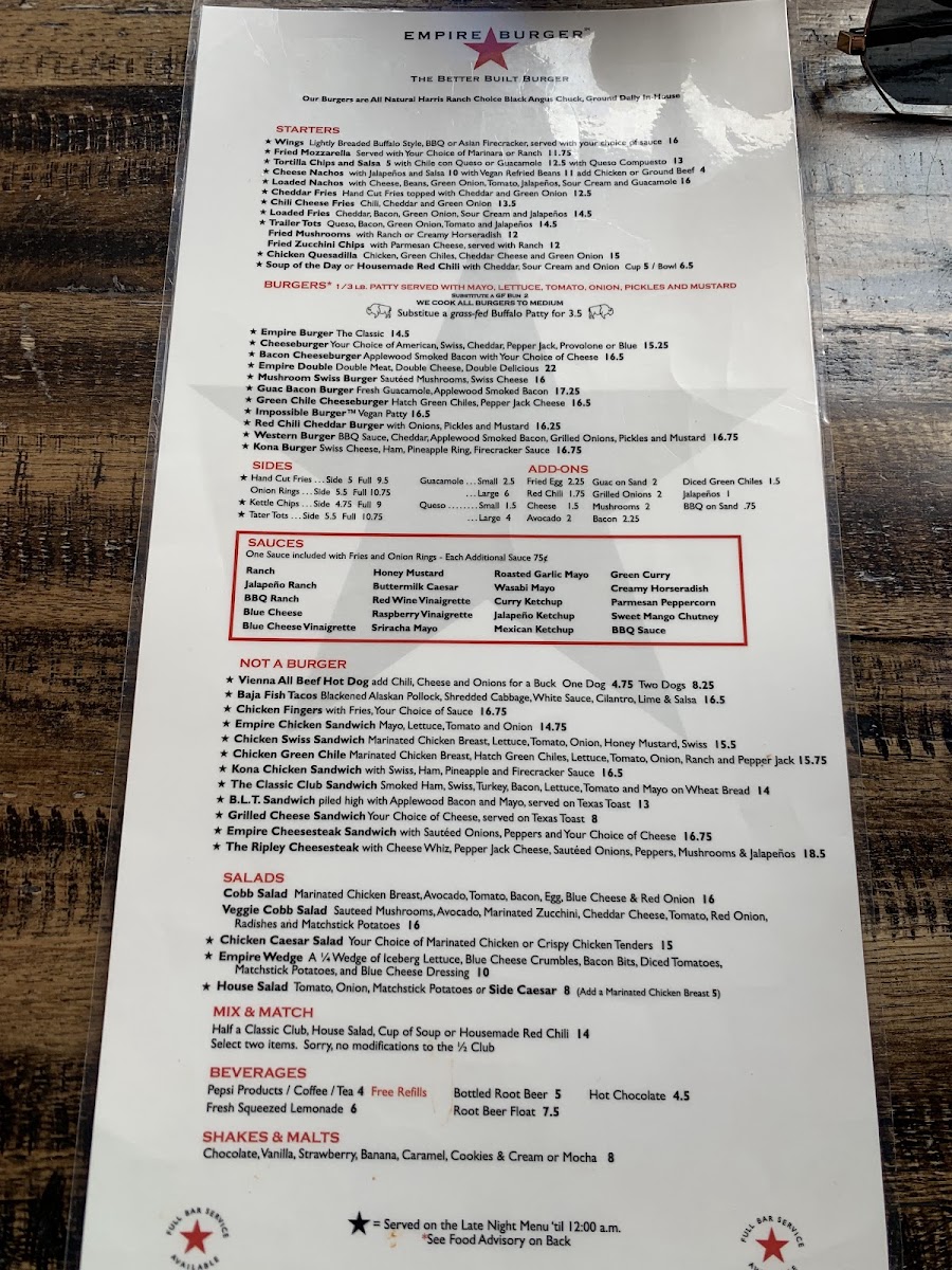 Empire Burger Menu - Image 1